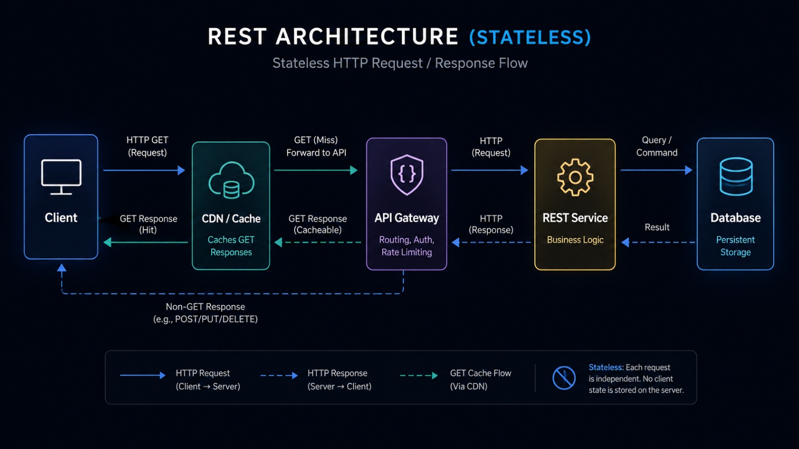 REST API diagram with client calling stateless HTTP endpoints through a gateway to a service and database, with caching on reads.
