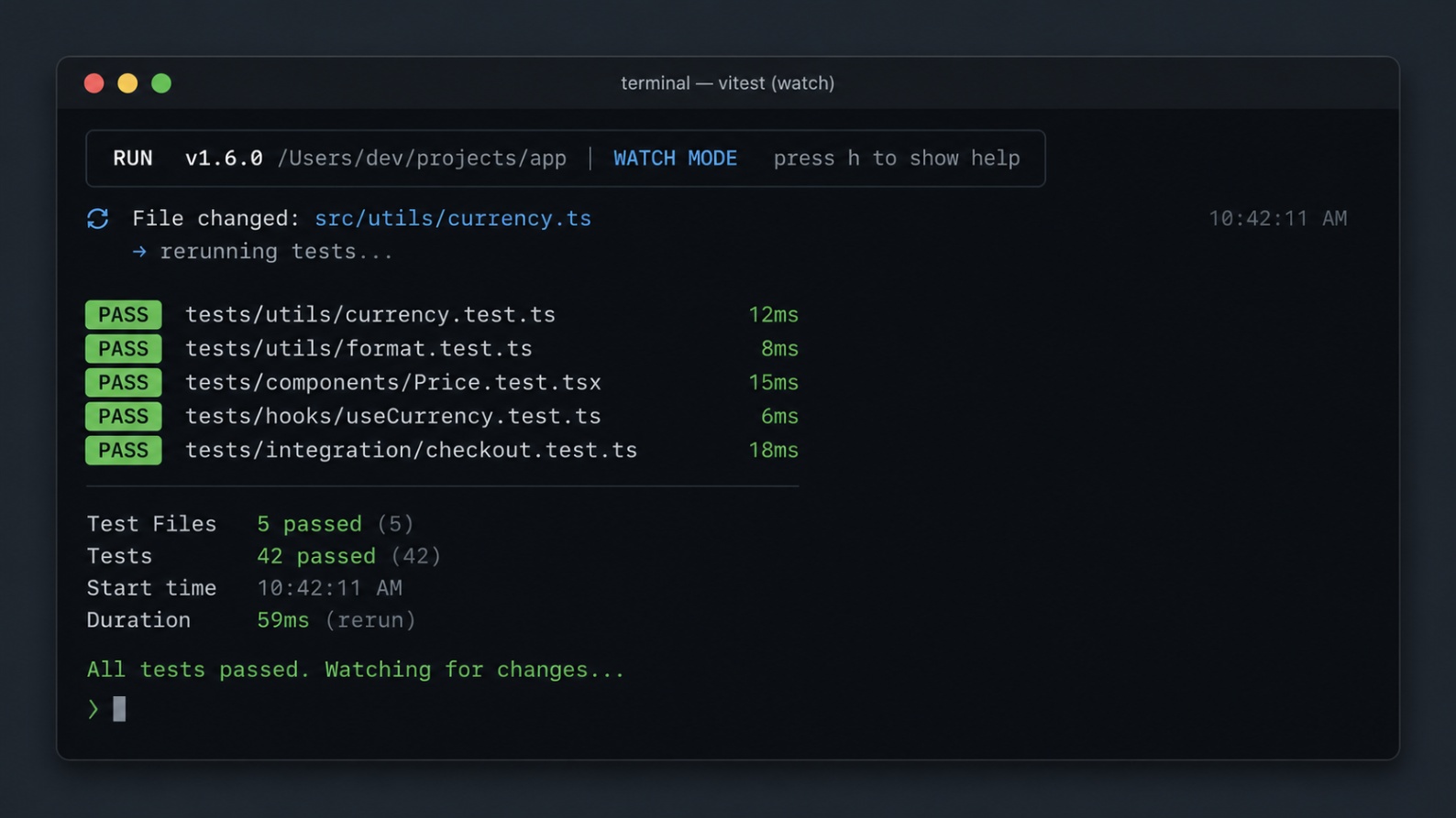 Terminal view of Vitest watch mode rerunning tests immediately after a file change with passing results.
