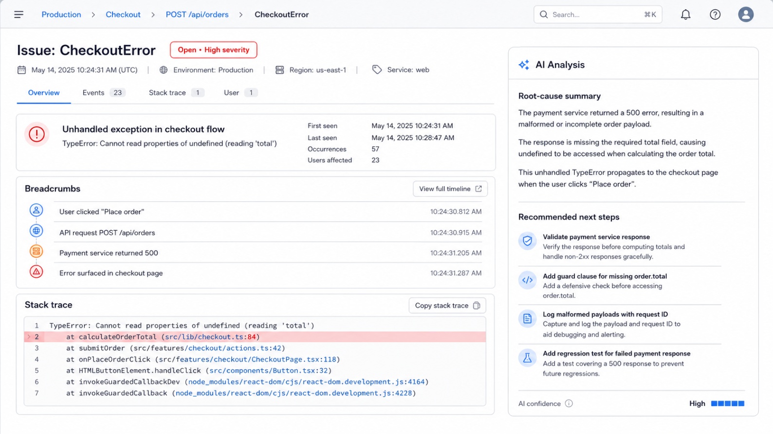 Observability dashboard showing an error trace with an AI analysis panel suggesting likely root cause and next checks
