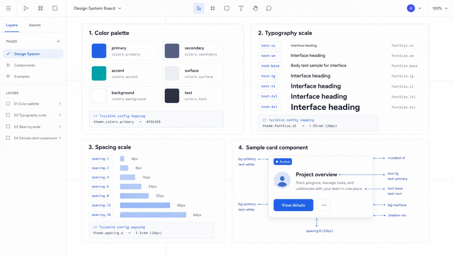 Design system tokens board showing color palette, typography scale, and spacing mapped into Tailwind configuration
