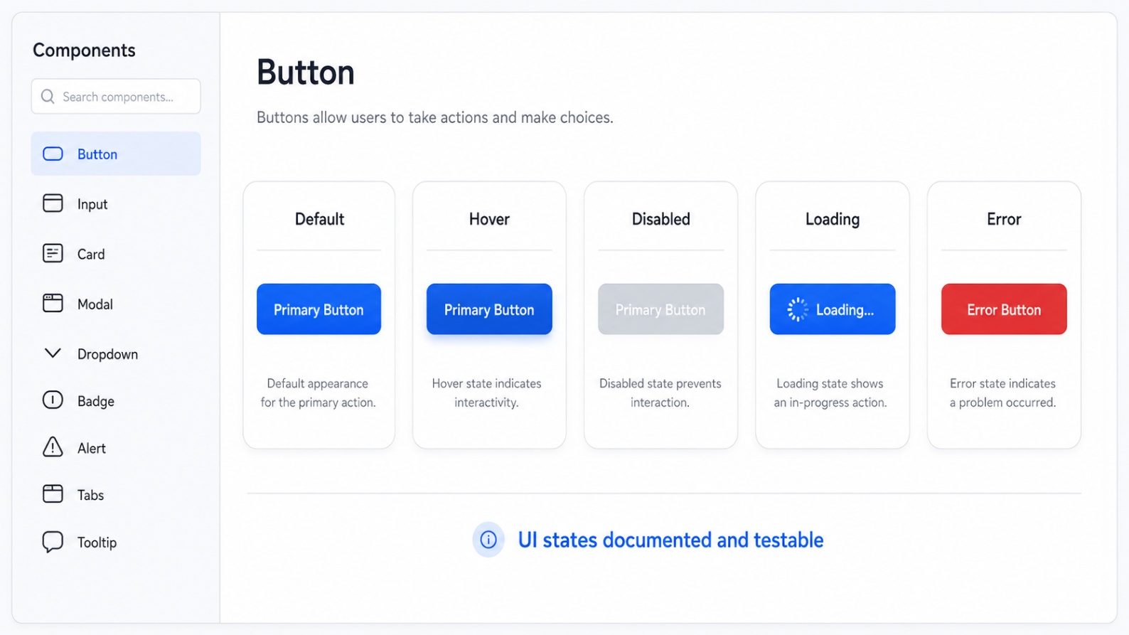 Storybook view showing a component displayed across multiple states like default, hover, disabled, loading, and error.