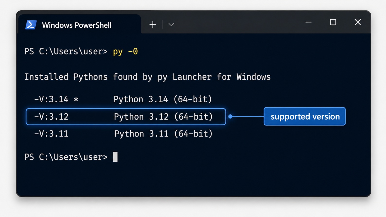 Python launcher output on Windows showing multiple installed Python versions including a compatible version for Open WebUI