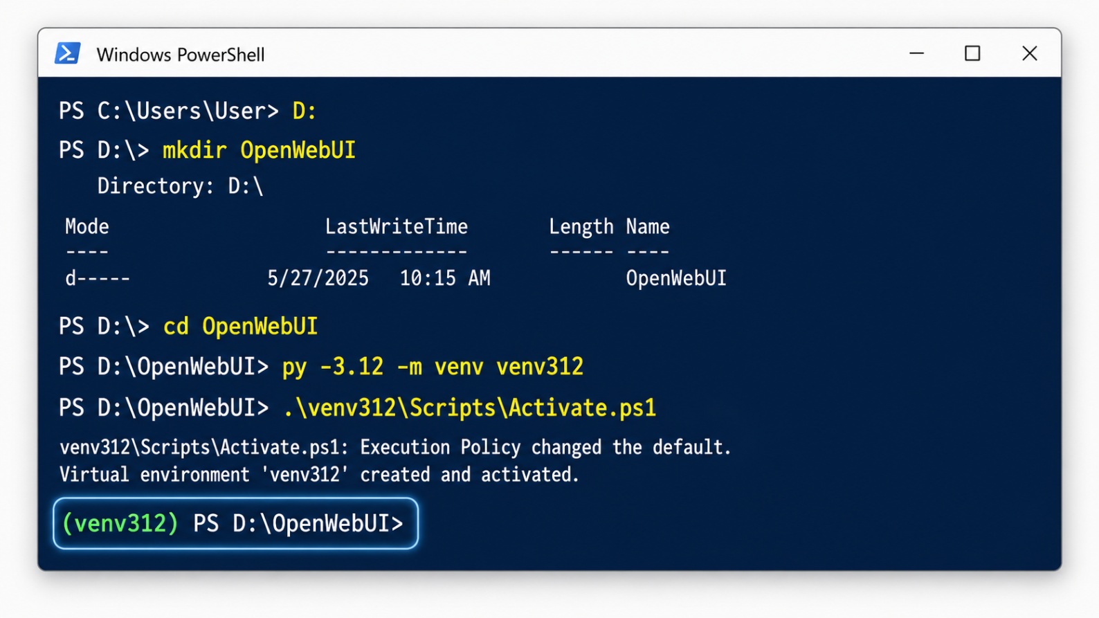 PowerShell window creating and activating a Python virtual environment for Open WebUI