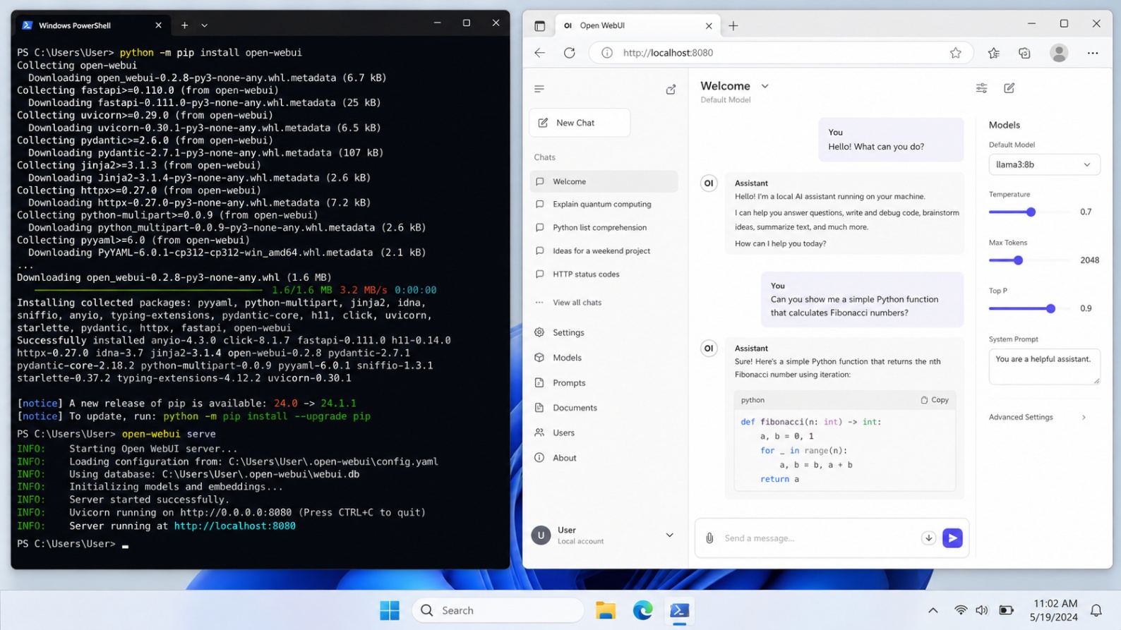 Open WebUI being installed and launched from a Python virtual environment on Windows