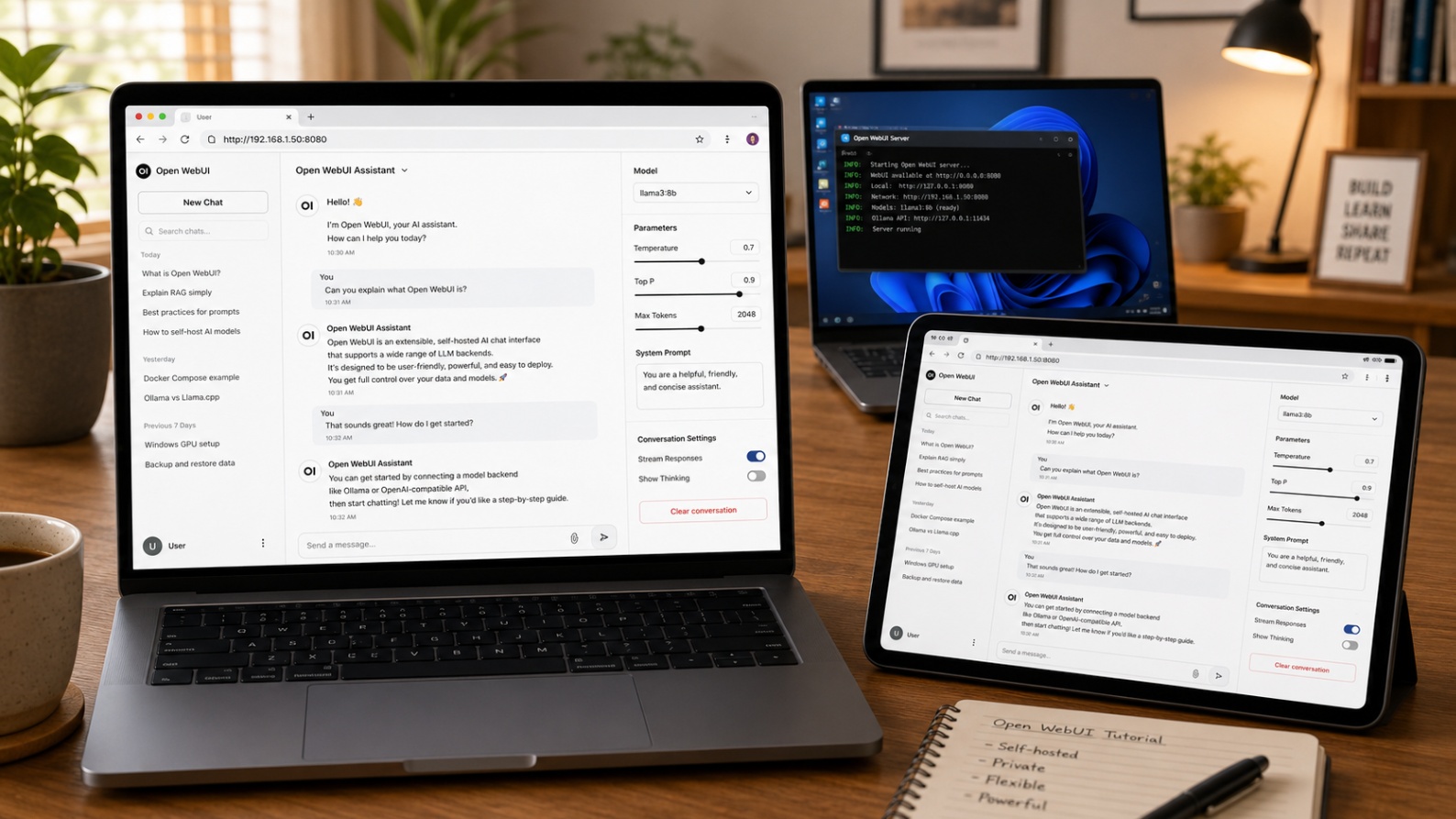 Browser on a MacBook or tablet accessing Open WebUI hosted from a Windows laptop on the same network