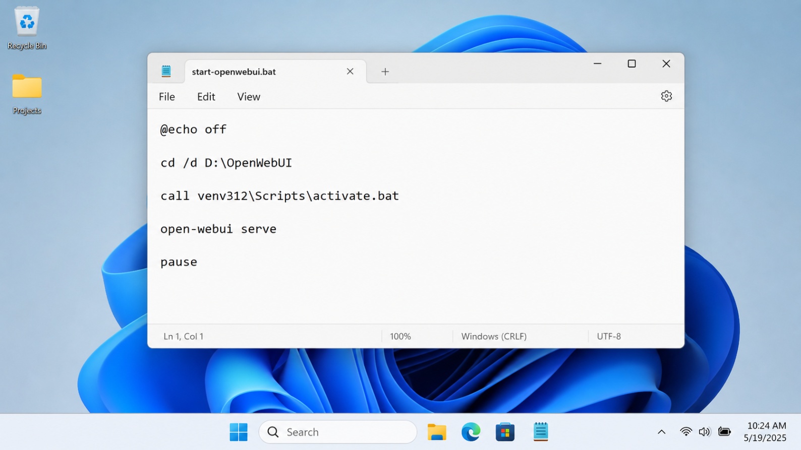 Notepad window showing a batch file script used to start Open WebUI automatically on Windows