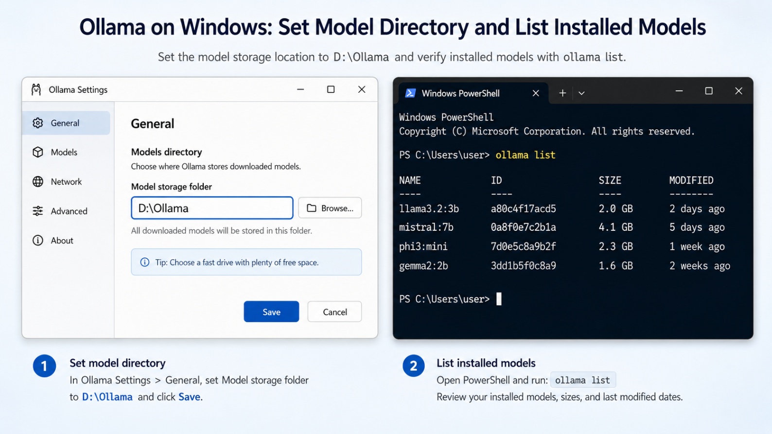 Ollama settings showing model storage moved to a folder on the D drive