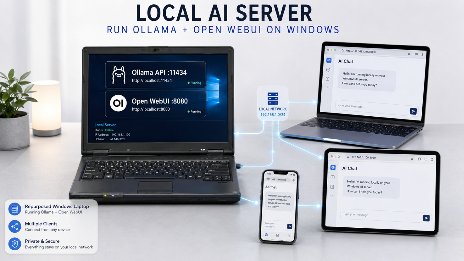 Final completed home AI server setup showing Windows laptop, connected devices, Ollama API, and Open WebUI working together