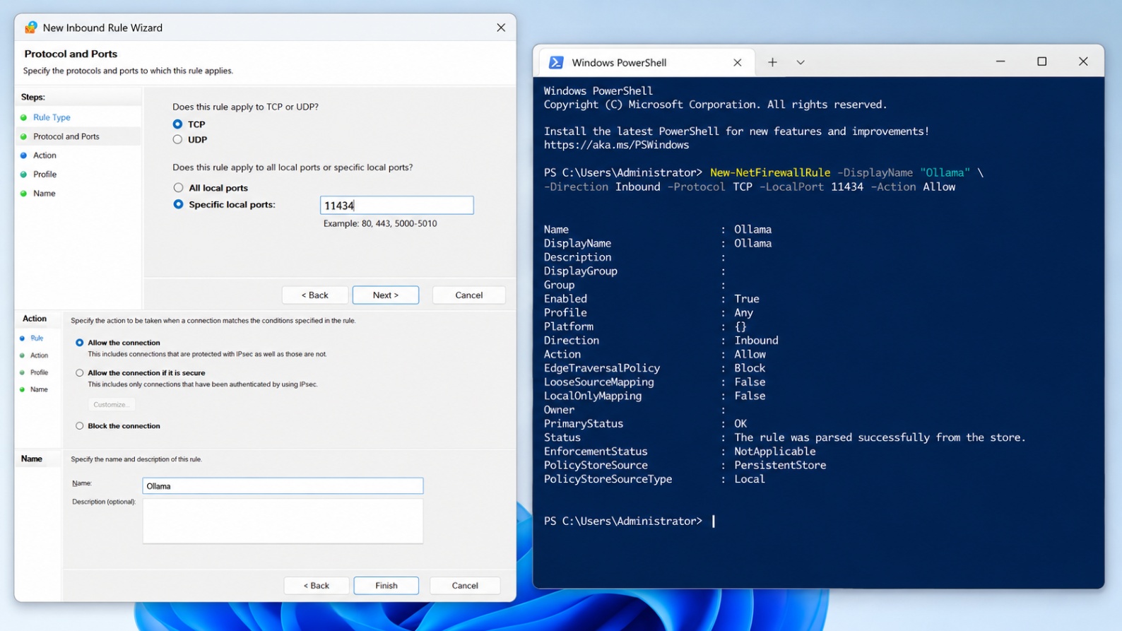Windows firewall configuration step for opening port 11434 for Ollama