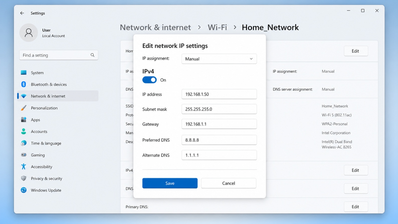 Windows network settings screen showing a manually configured IPv4 static IP address