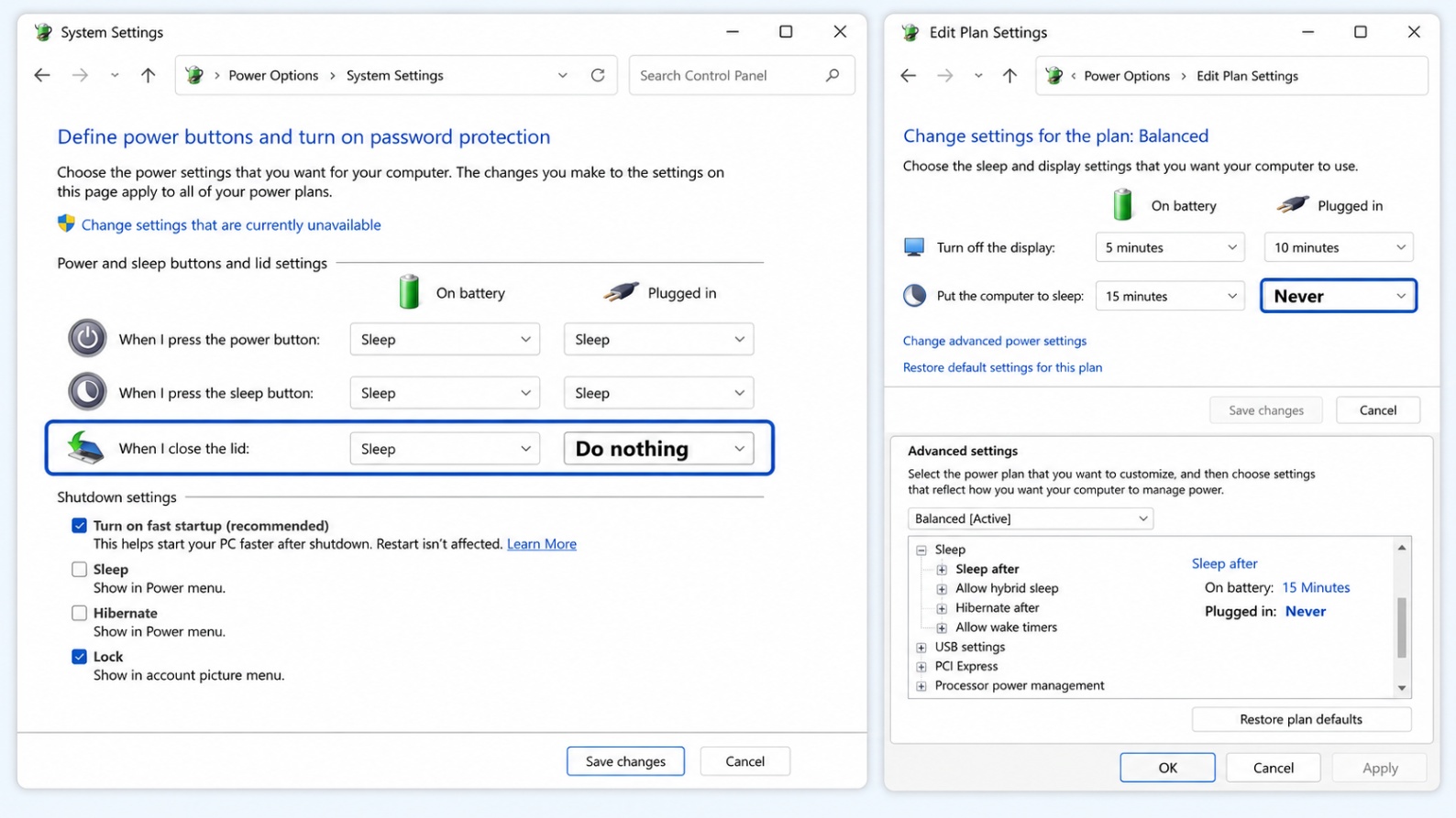 Windows power settings showing the laptop configured to do nothing when the lid is closed while plugged in
