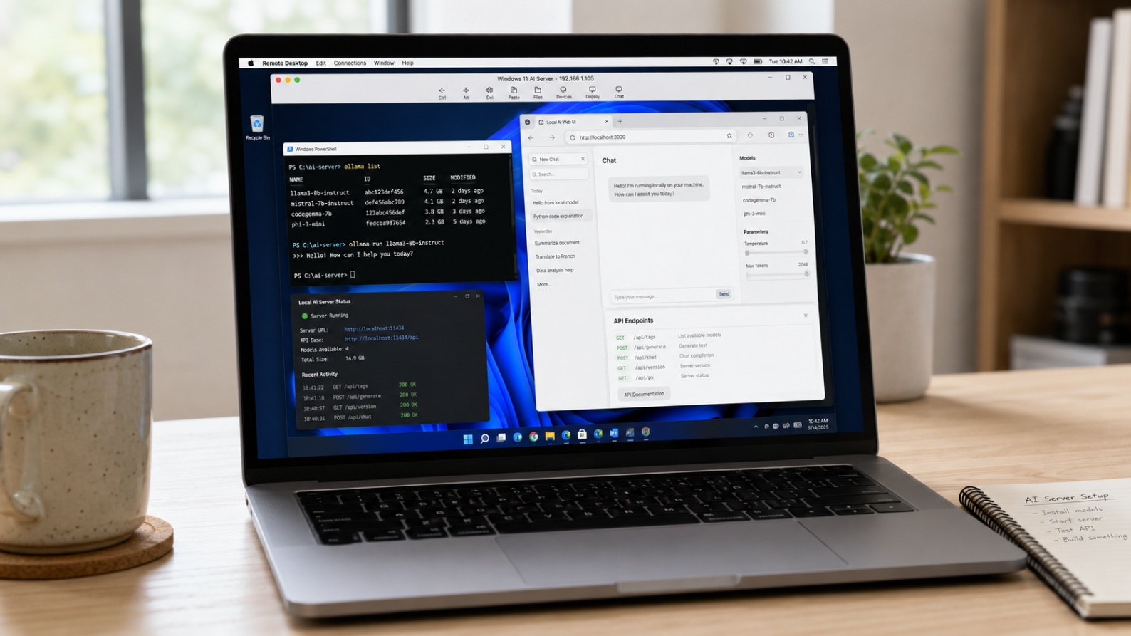 Remote desktop connection from a MacBook to a Windows laptop acting as a local AI server