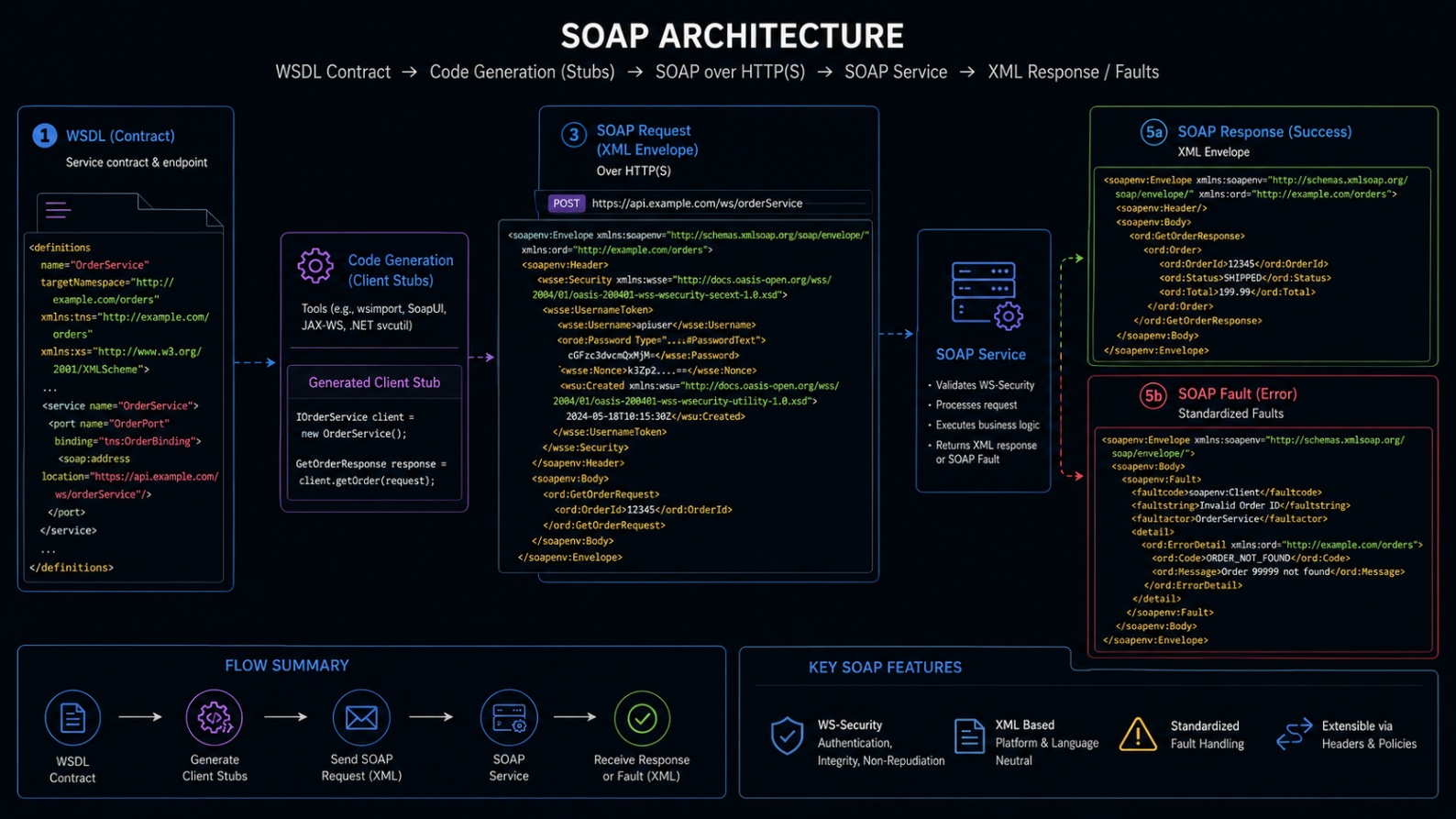 SOAP diagram showing WSDL-based contract, SOAP XML envelope messages with security headers and fault responses.